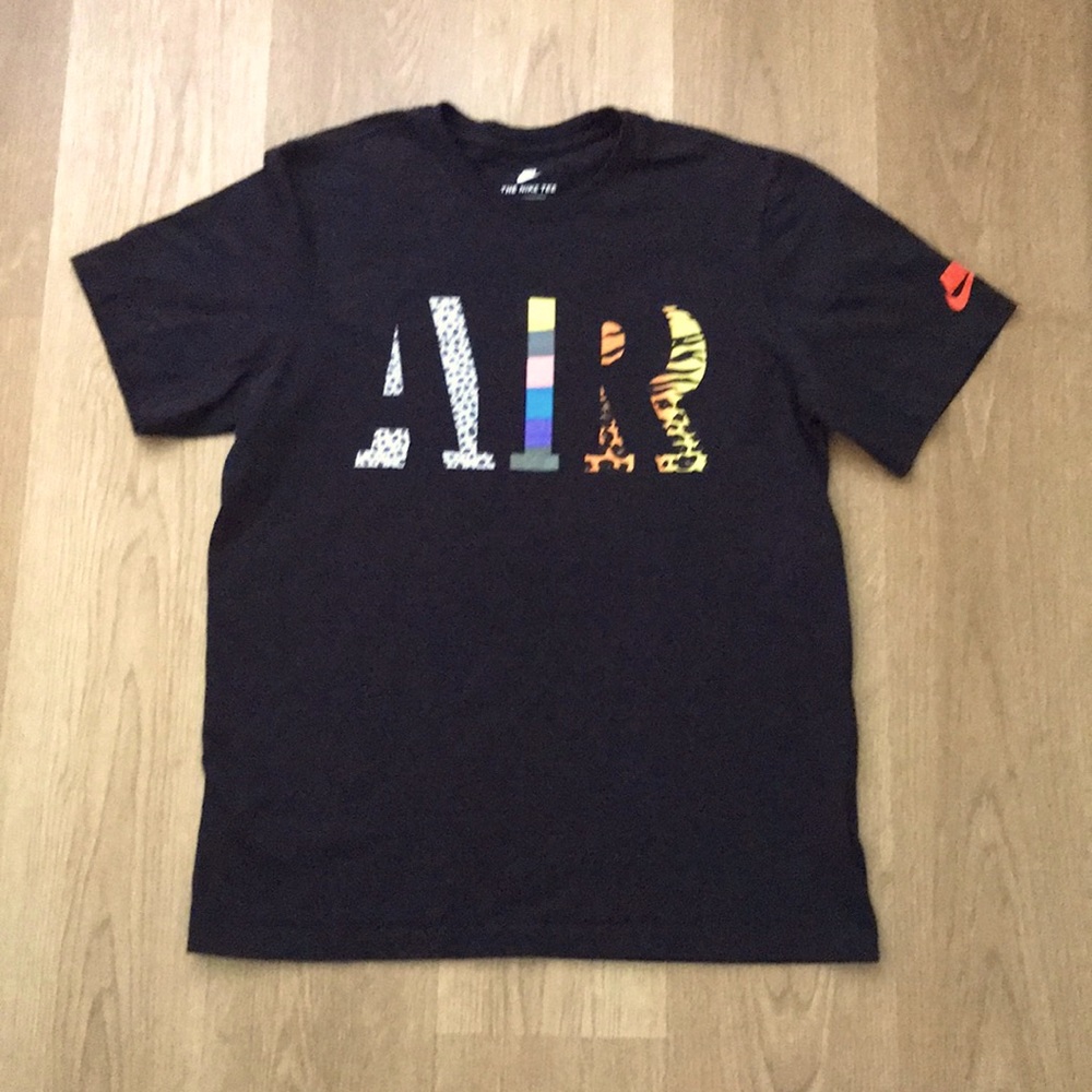 Nike “The Nike Tee” Black Shirt with colorful “AIR” I. Front, Size M